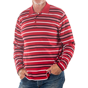Men's Long Sleeve Red Striped Cotton Traders Polo Shirt