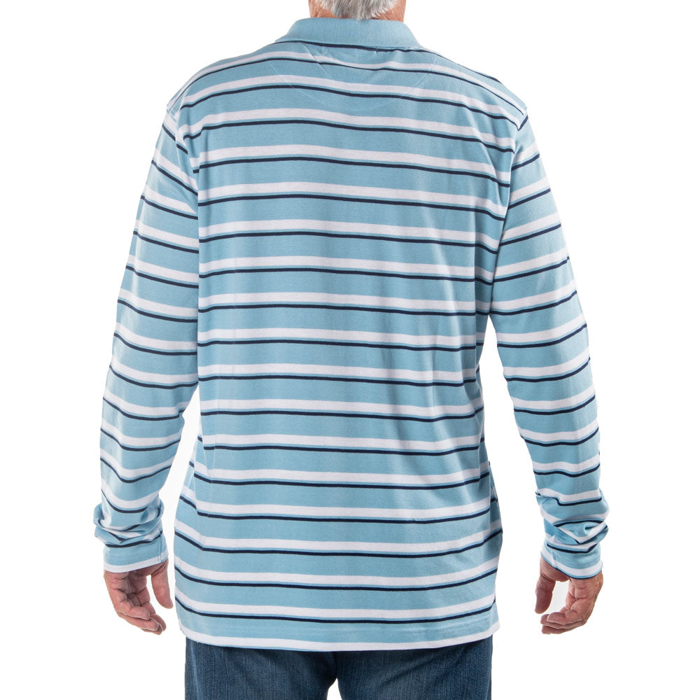 Men's Long Sleeve Light Blue Striped Cotton Traders Polo Shirt