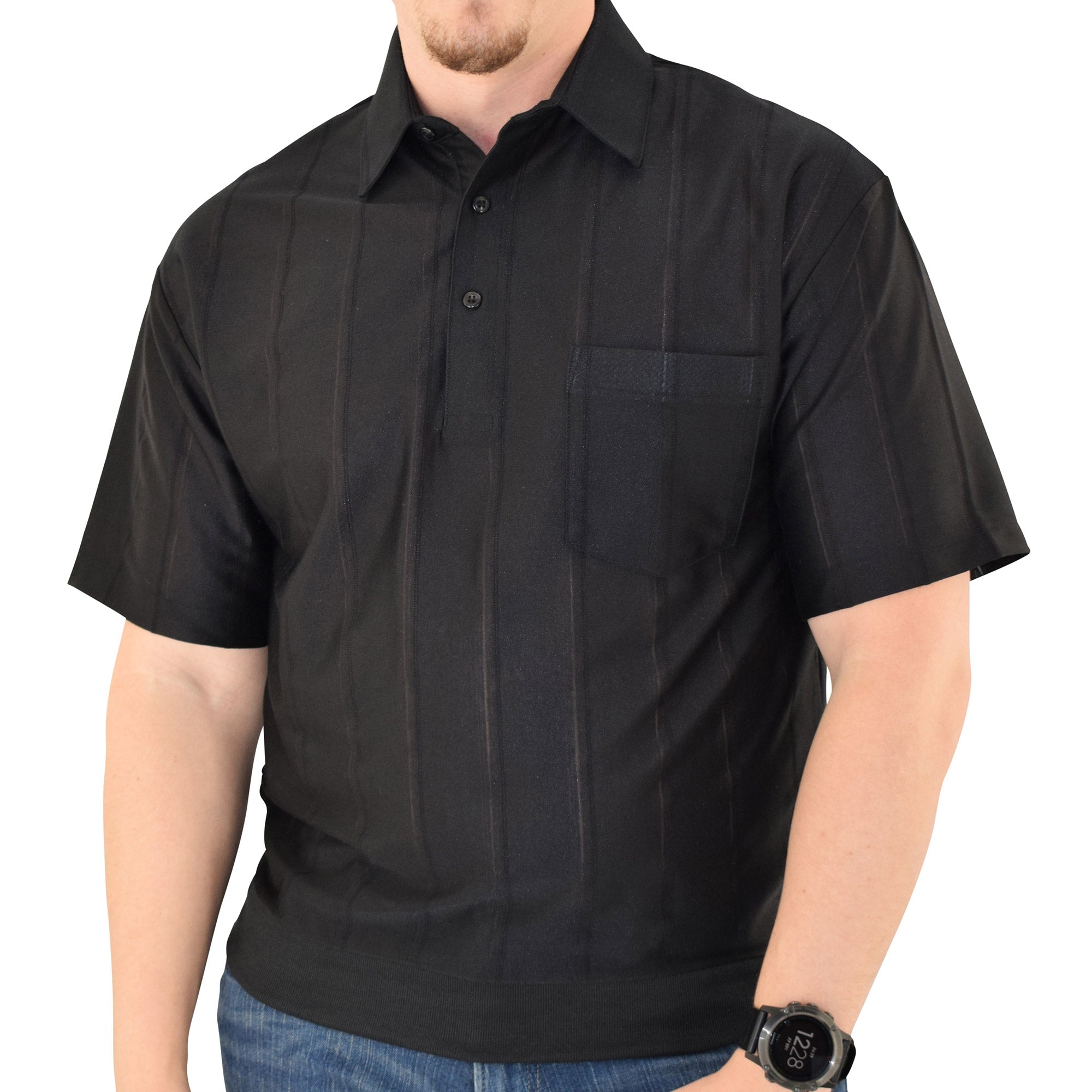 Big and Tall Tone on Tone Textured Knit Short Sleeve Banded Bottom Shirt - 6010-16BT-Black - bandedbottom
