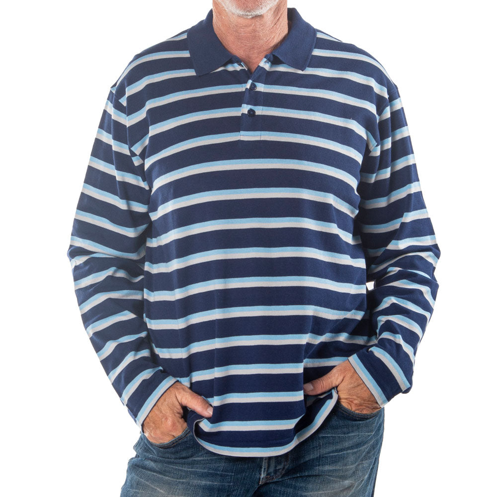 Men's Long Sleeve Navy Striped Cotton Traders Polo Shirt