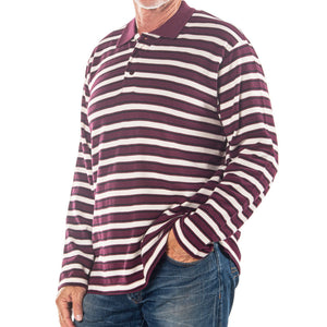 Men's Long Sleeve Burgundy Striped Cotton Traders Polo Shirt