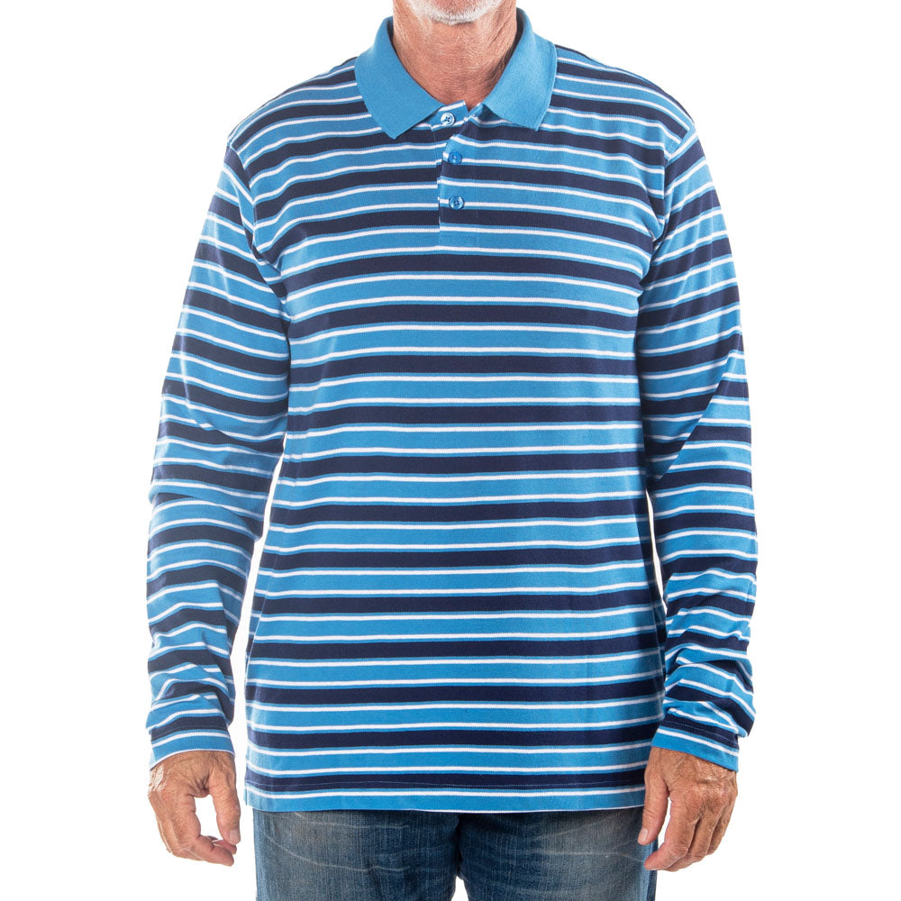 Men's Long Sleeve Blue Striped Cotton Traders Polo Shirt – bandedbottom