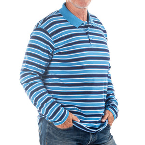 Men's Long Sleeve Blue Striped Cotton Traders Polo Shirt