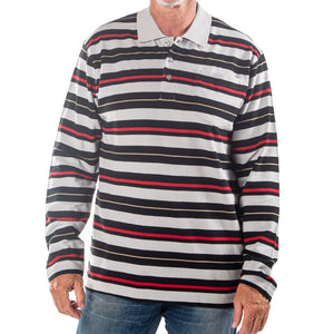 Men's Long Sleeve Gray Striped Cotton Traders Polo Shirt