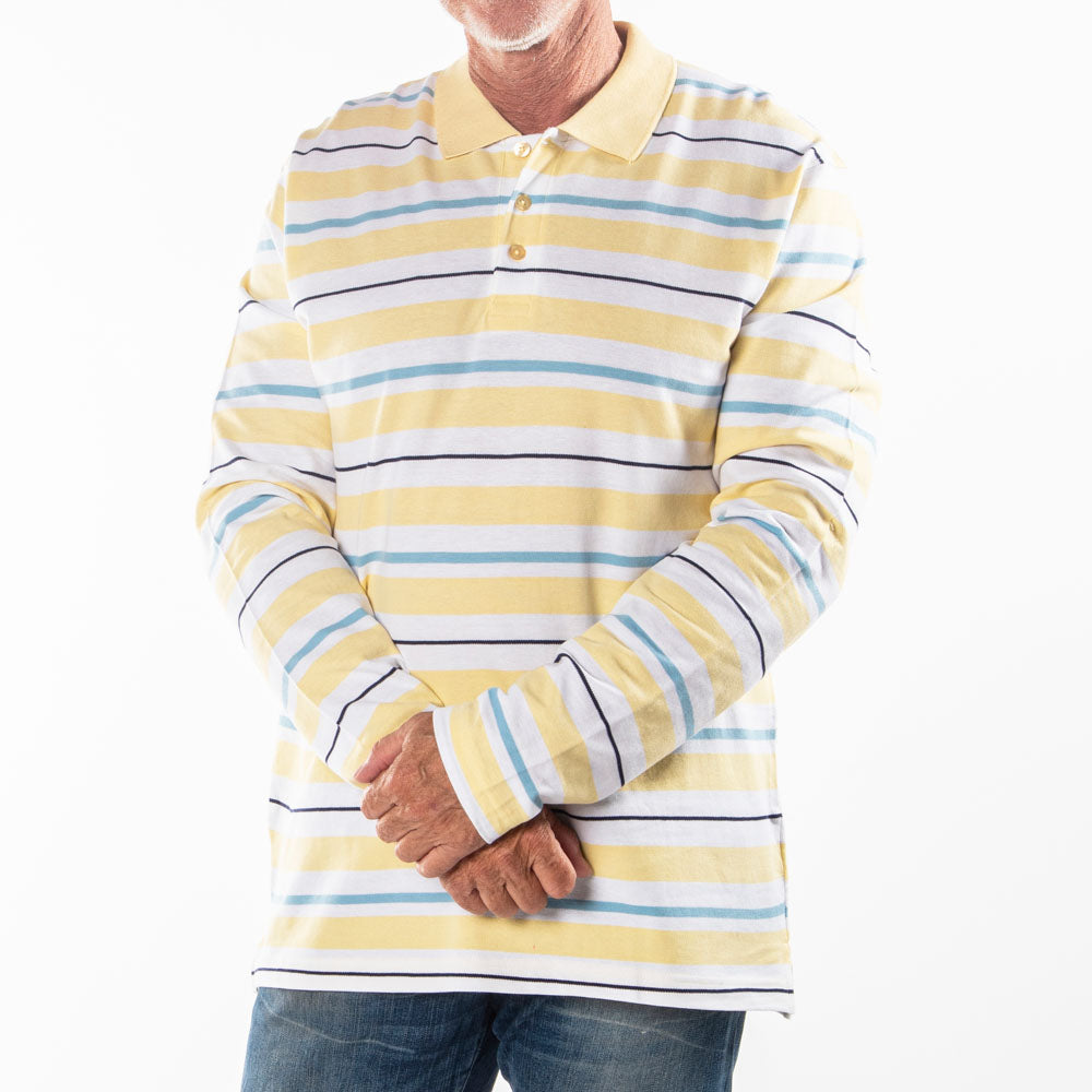 Men's Long Sleeve Yellow Striped Cotton Traders Polo Shirt