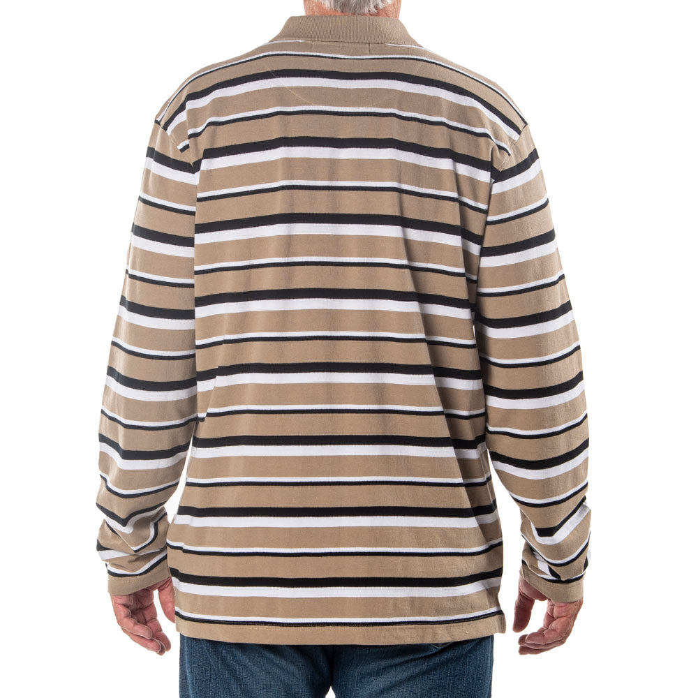 Men's Long Sleeve Khaki Striped Cotton Traders Polo Shirt