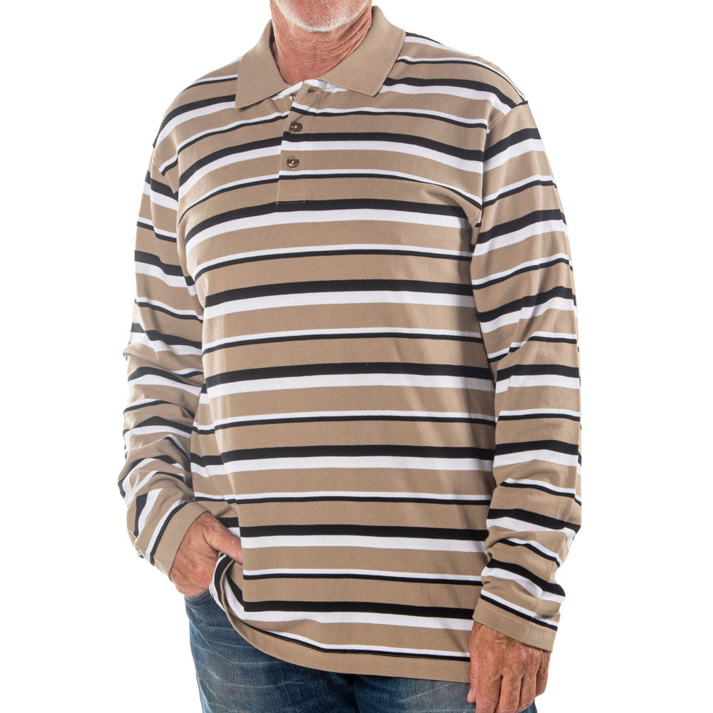 Men's Long Sleeve Khaki Striped Cotton Traders Polo Shirt