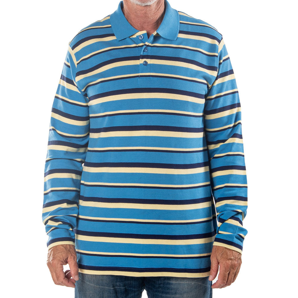 Men's Long Sleeve Blue Striped Cotton Traders Polo Shirt