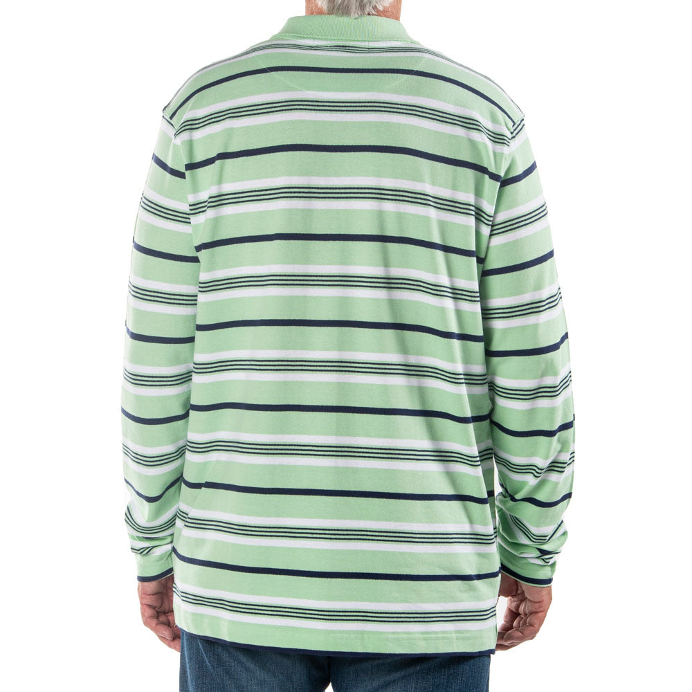 Men's Long Sleeve Green Striped Cotton Traders Polo Shirt