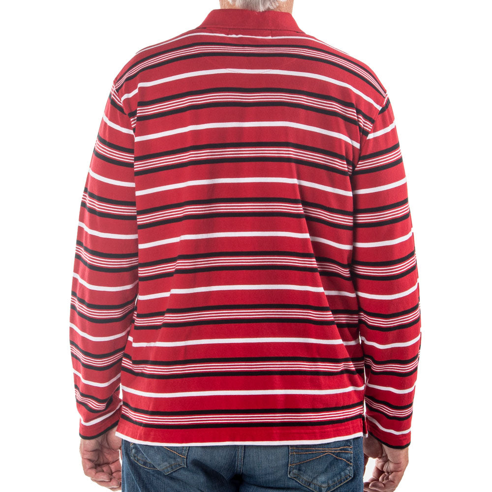 Men's Long Sleeve Red Striped Cotton Traders Polo Shirt