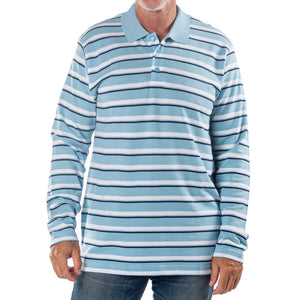 Men's Long Sleeve Light Blue Striped Cotton Traders Polo Shirt