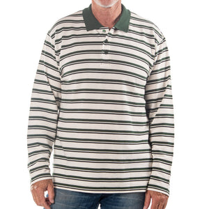Men's Long Sleeve Dark Green Striped Cotton Traders Polo Shirt