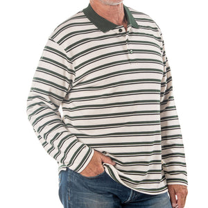 Men's Long Sleeve Dark Green Striped Cotton Traders Polo Shirt