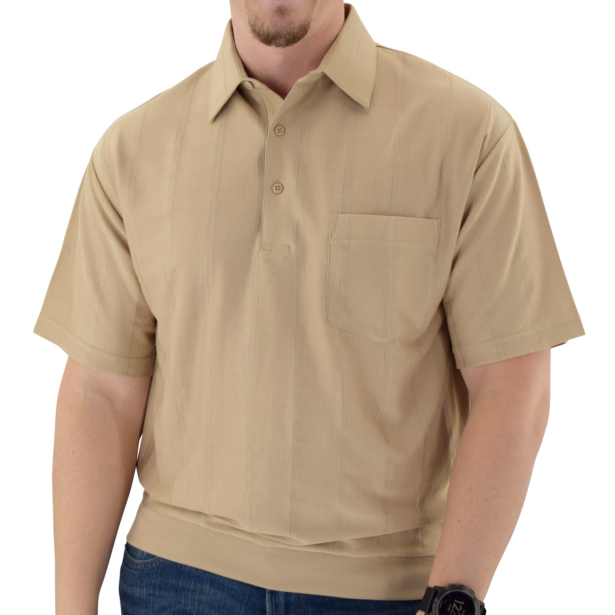 Big and Tall Tone on Tone Textured Knit Short Sleeve Banded Bottom Shirt - 6010-16BT - Taupe - bandedbottom