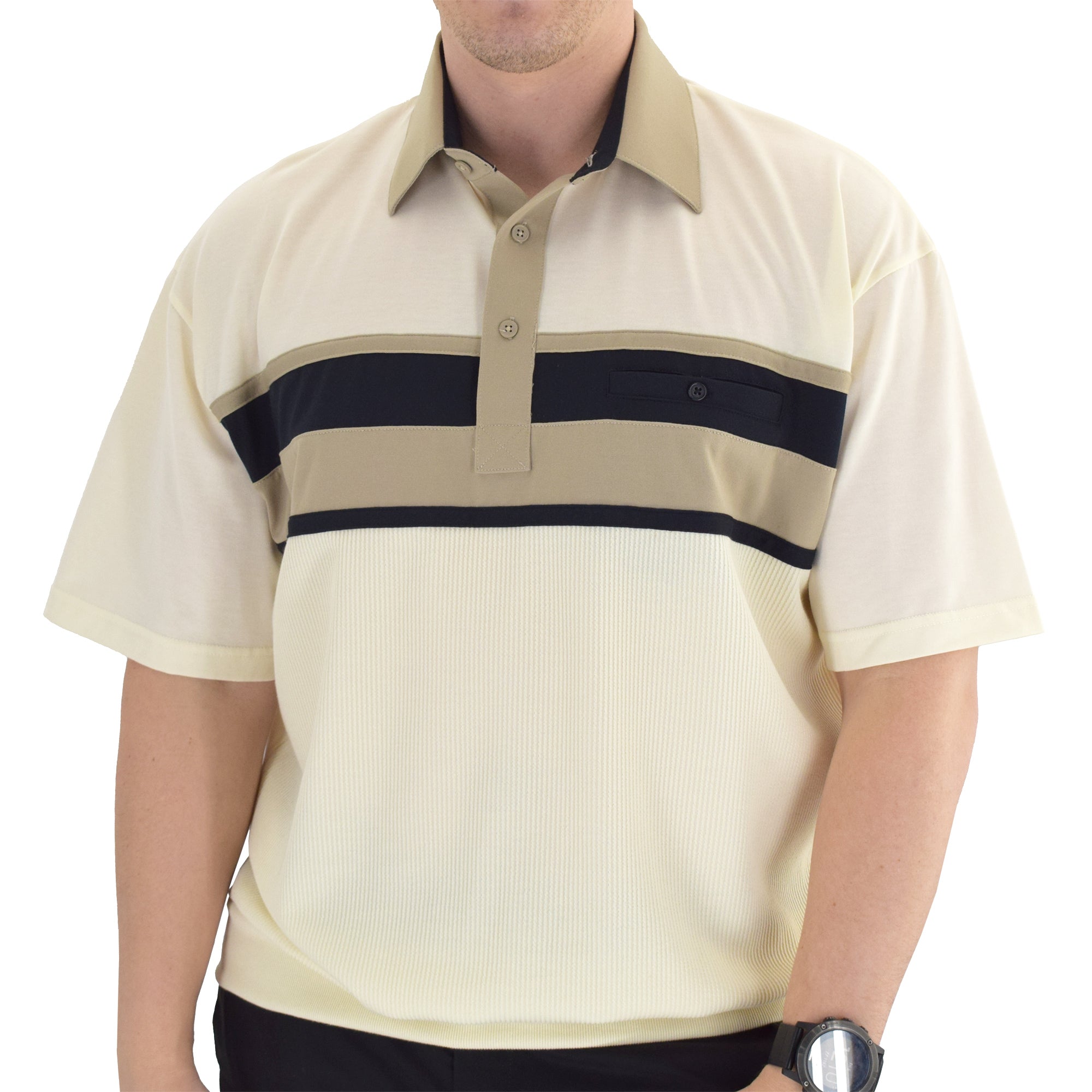 Classics by Palmland Horizontal Short Sleeve Banded Bottom Shirt Natural - 6010-BL12 - theflagshirt