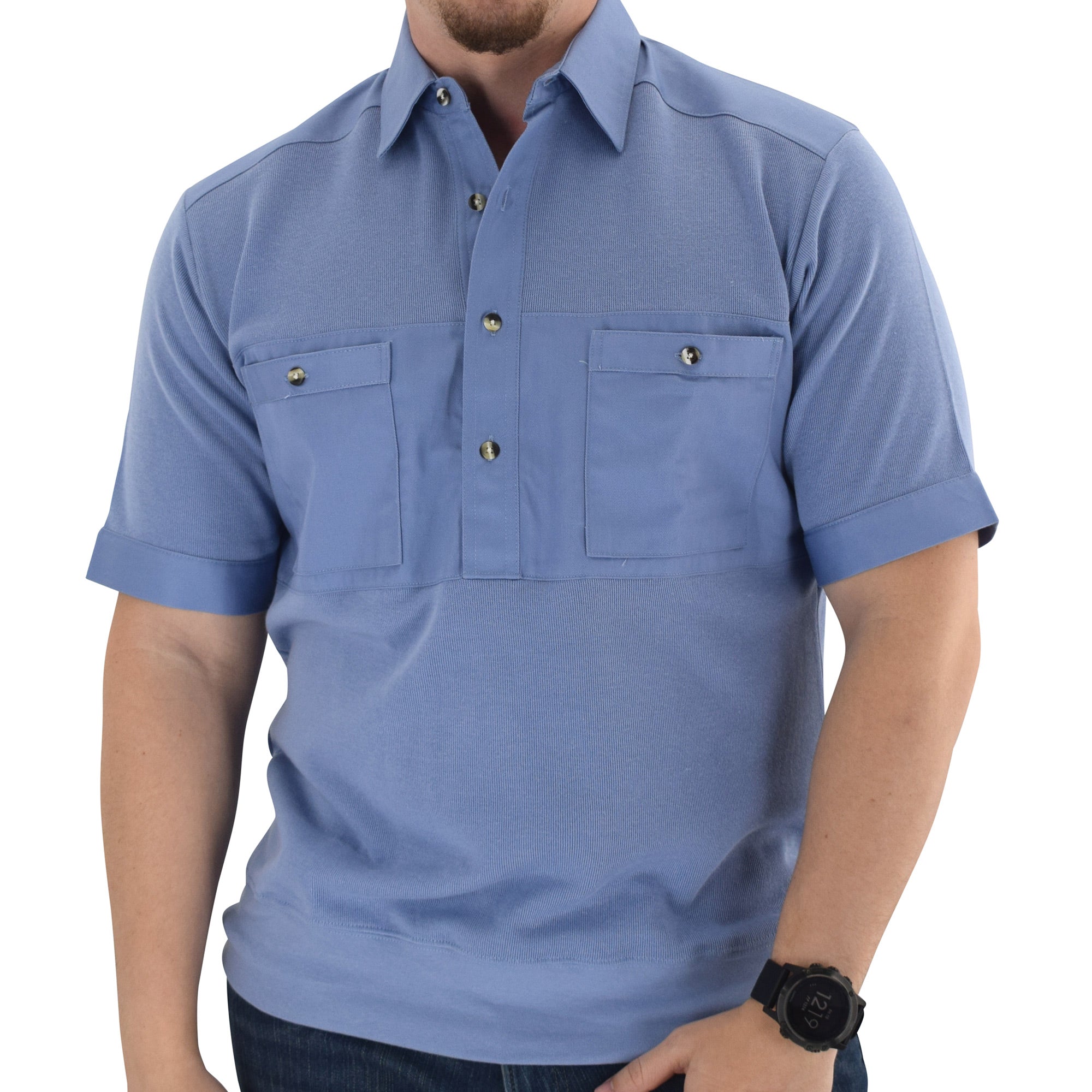 Mens Solid Knit Banded Bottom Shirt with Woven Chest Panel 6041-22N- Blue - theflagshirt