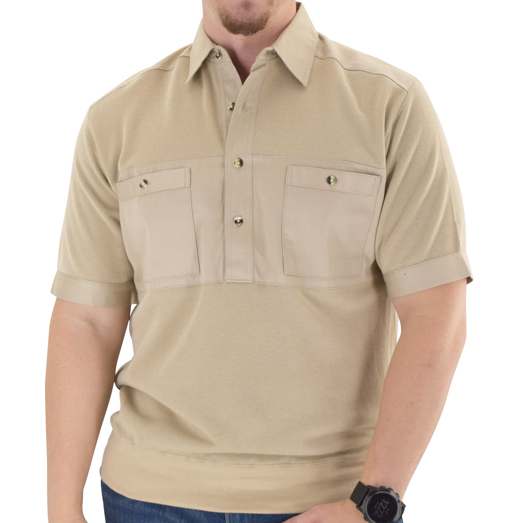 Solid Knit Banded Bottom Shirt with Woven Chest Panel 6041-22N - Heather Tan - theflagshirt