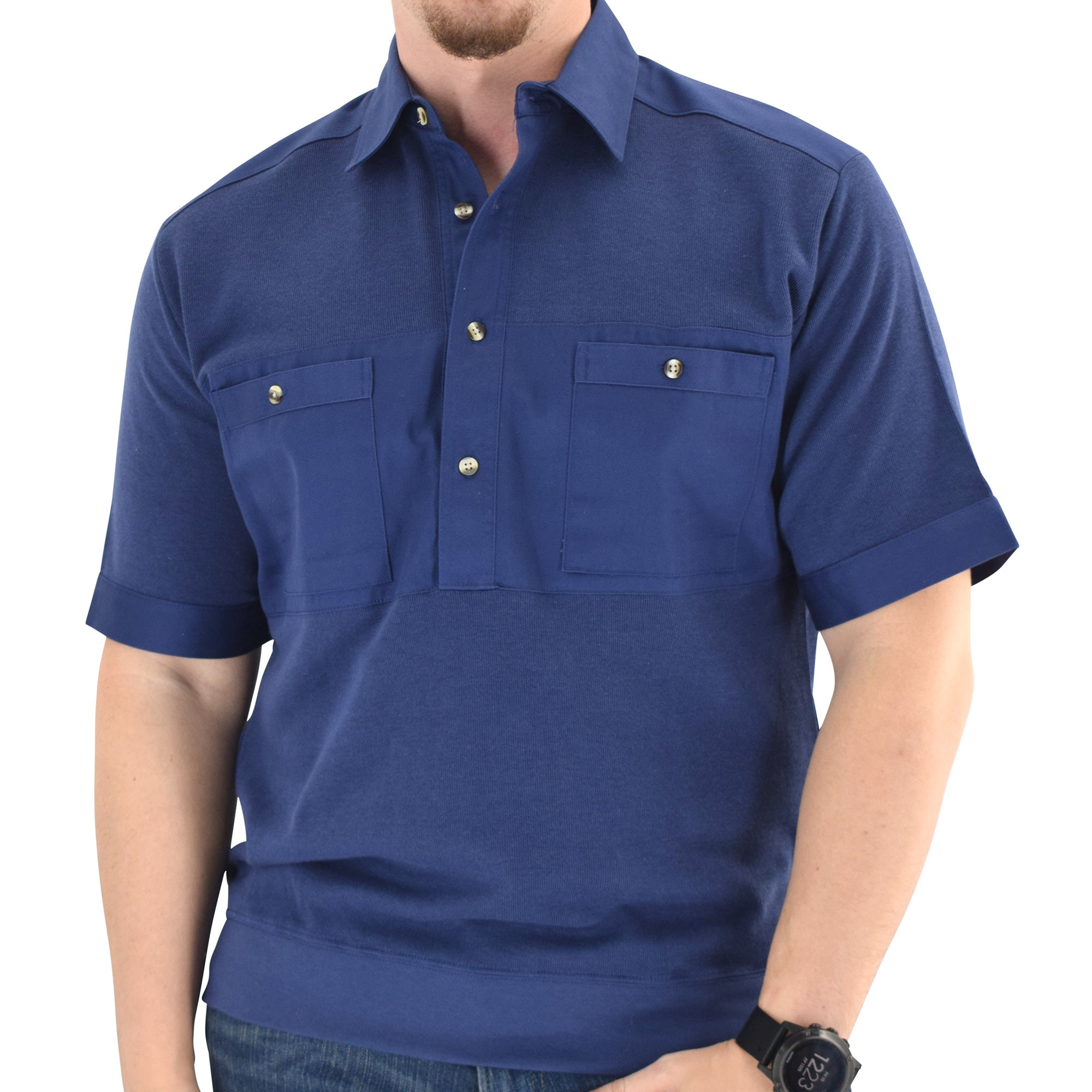 Solid Knit Banded Bottom Shirt with Woven Chest Panel 6041-22N - Navy - theflagshirt
