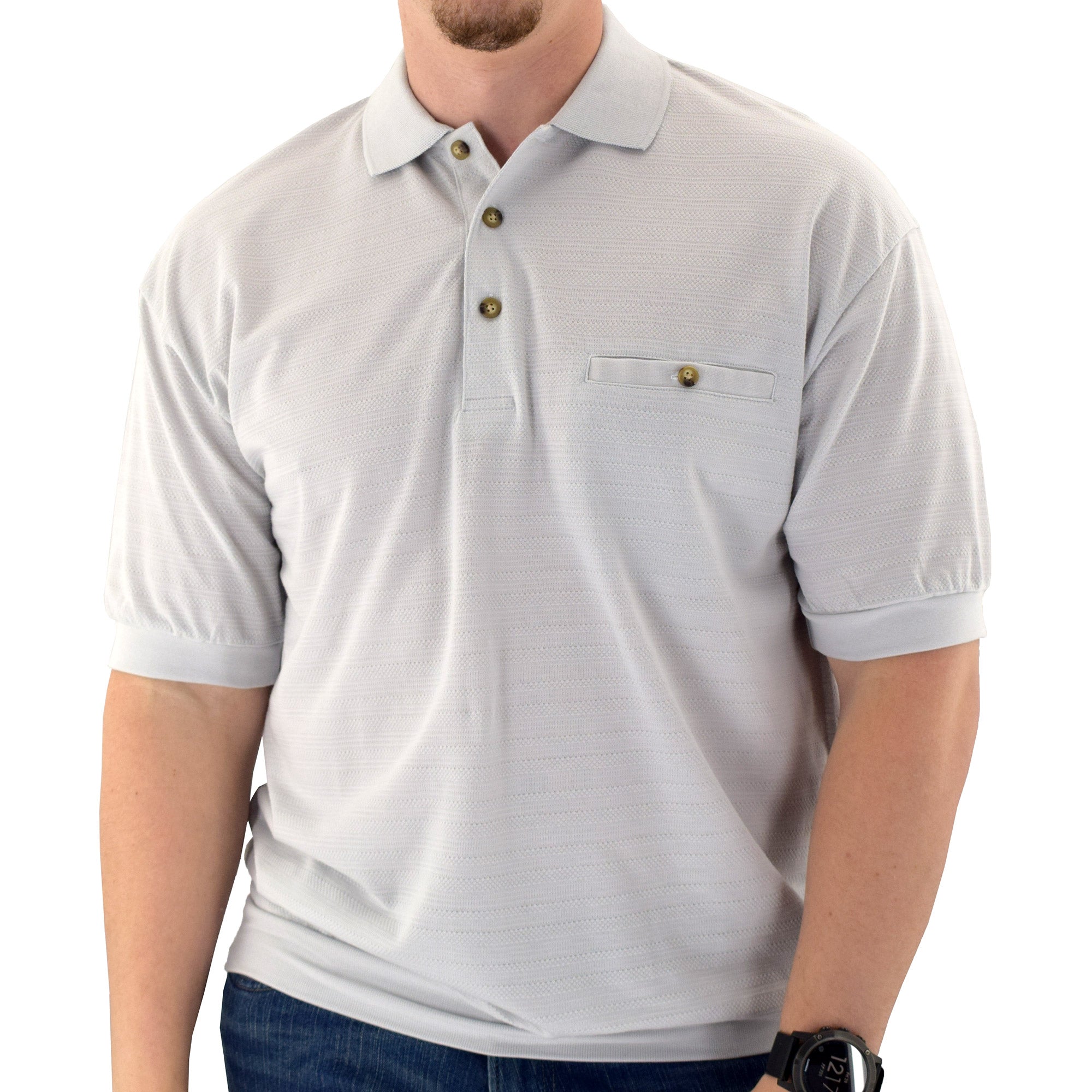 This Safe Harbor Solid Pique Banded Bottom Shirt is made of 60