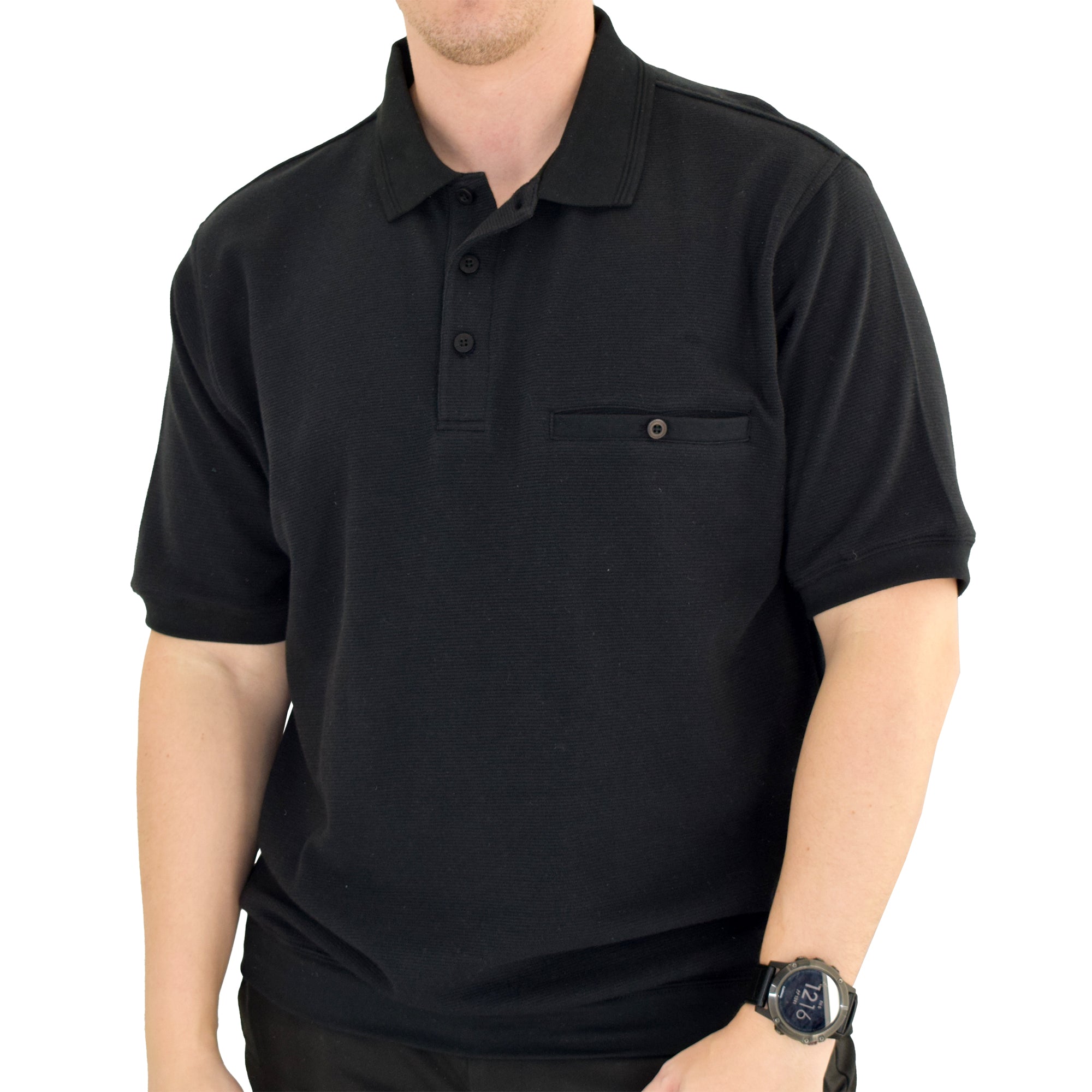Classics by Palmland Short Sleeve 3 Button Banded Bottom Knit Collar 6070-100-Black - theflagshirt