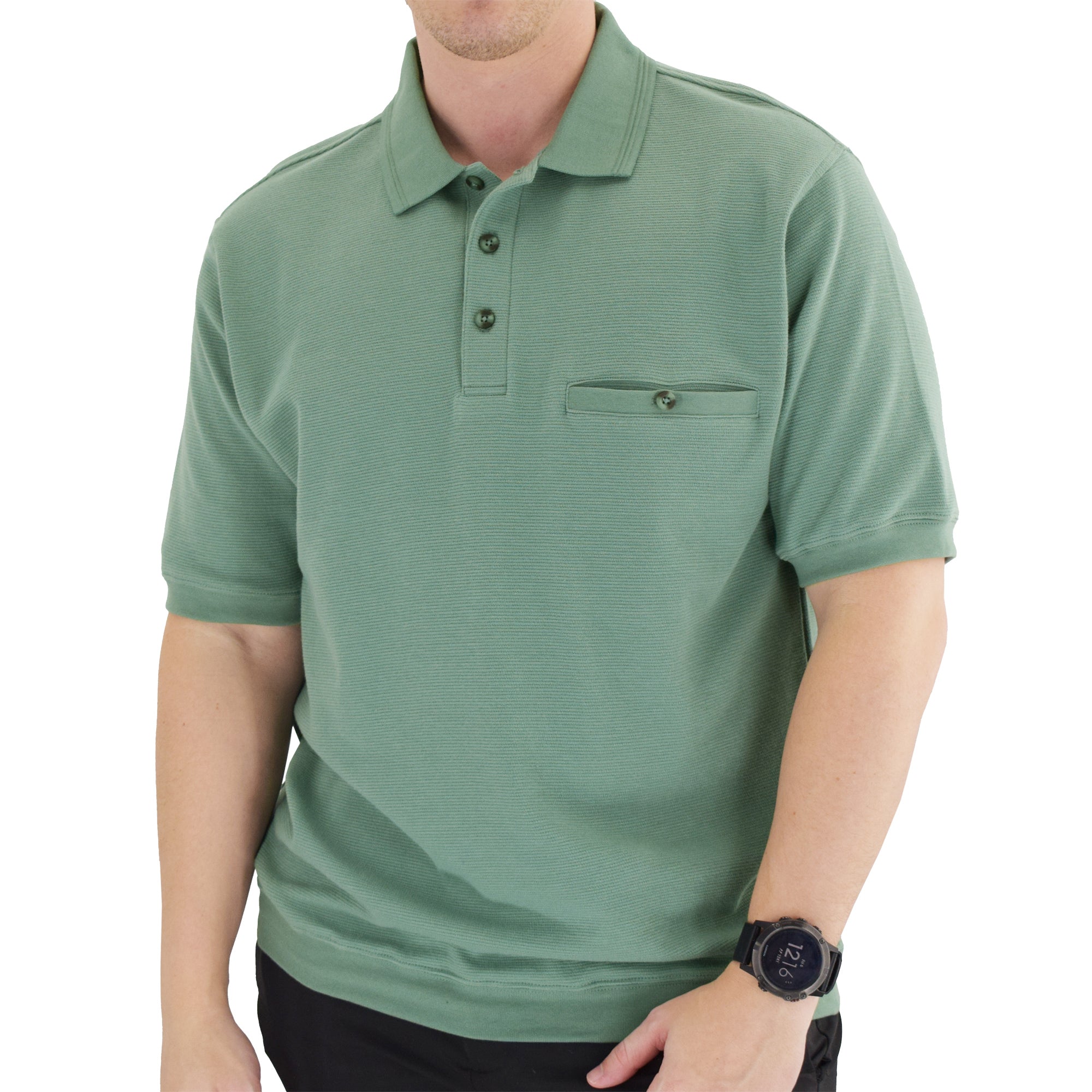Classics by Palmland Short Sleeve 3 Button Banded Bottom Knit Collar 6070-100-Sage - theflagshirt