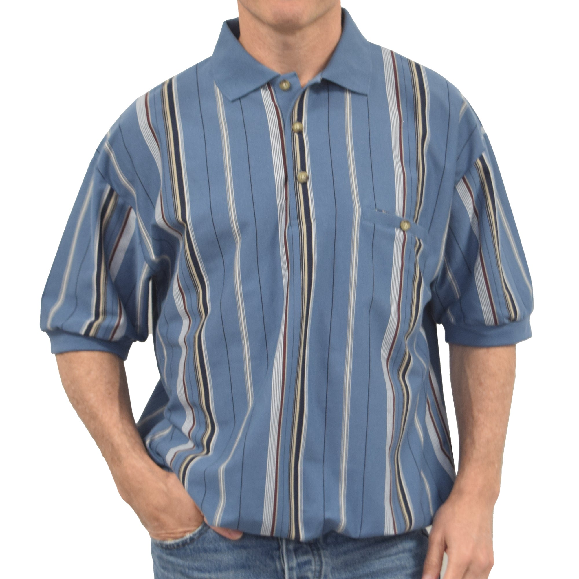 Classics By Palmland Vertical Short Sleeve Banded Bottom Shirt 6090-V1 Blue