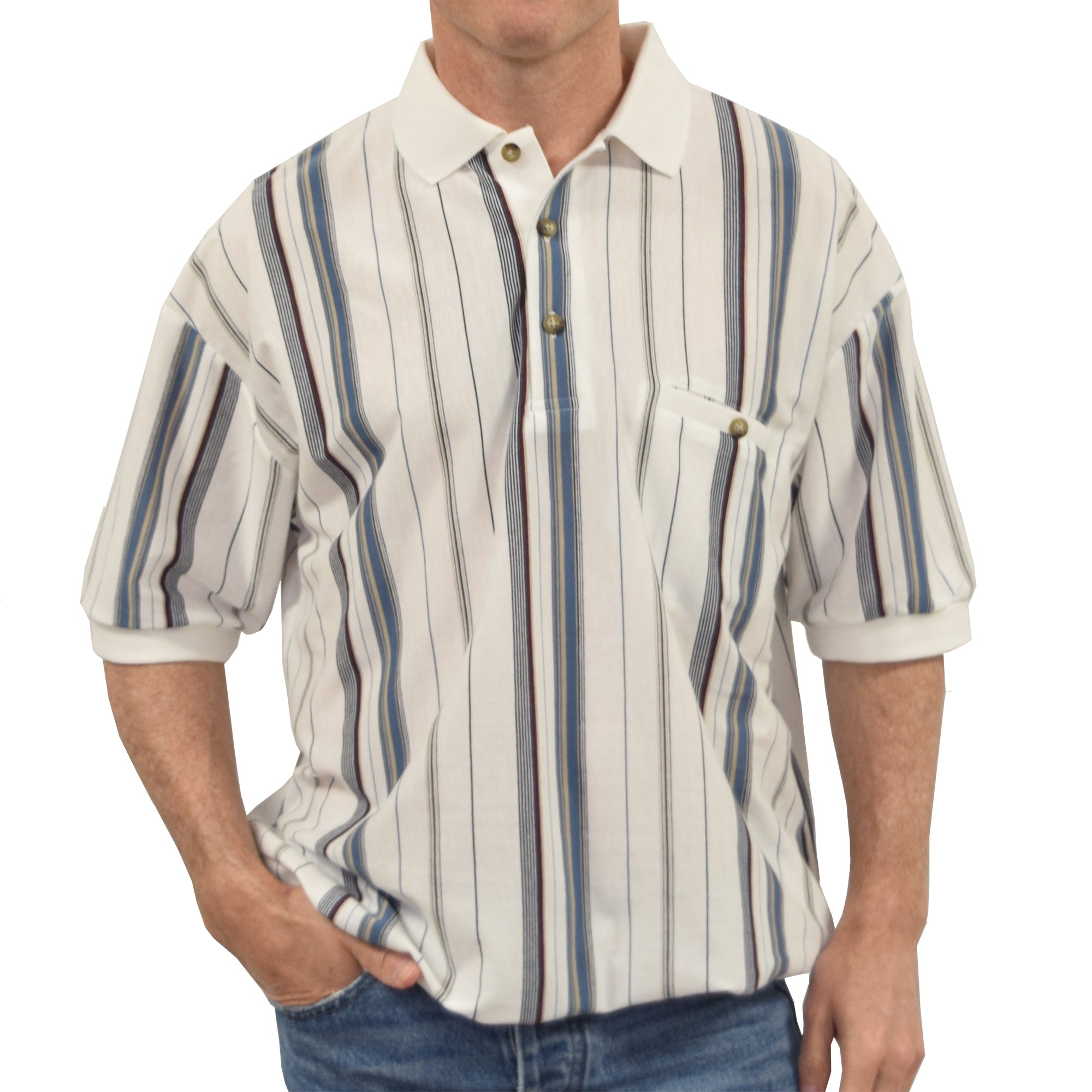 Classics By Palmland Vertical Short Sleeve Banded Bottom Shirt 6090-V1 White