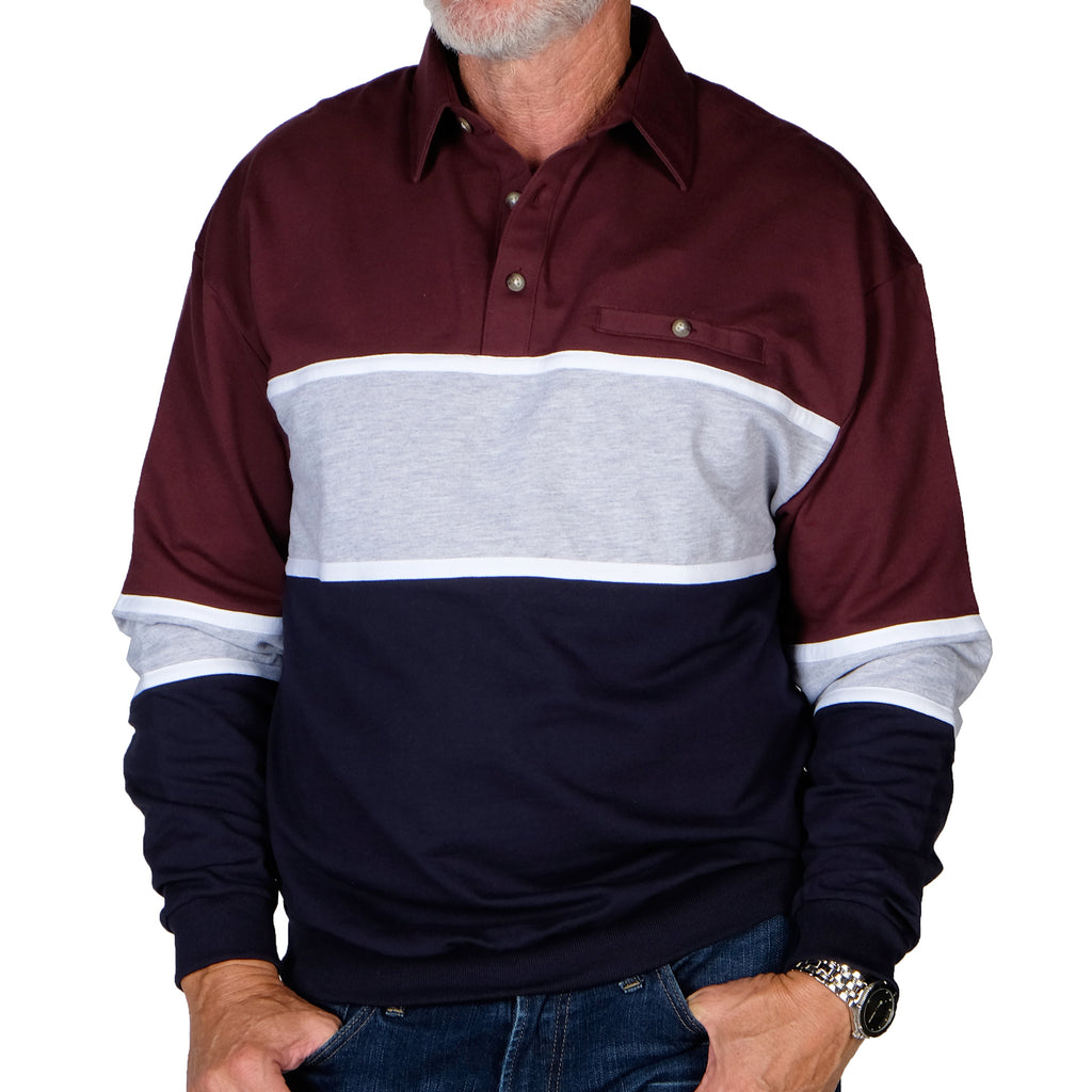 Classics by Palmland LS Horizontal Stripes Banded Bottom Shirt 6094-728 Burgundy - theflagshirt