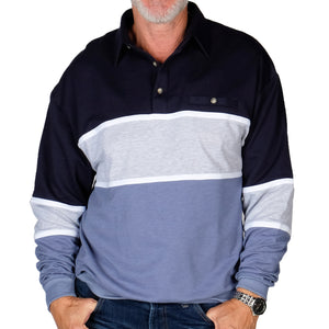 Classics by Palmland LS Horizontal Stripes Banded Bottom Shirt 6094-728 Navy - theflagshirt