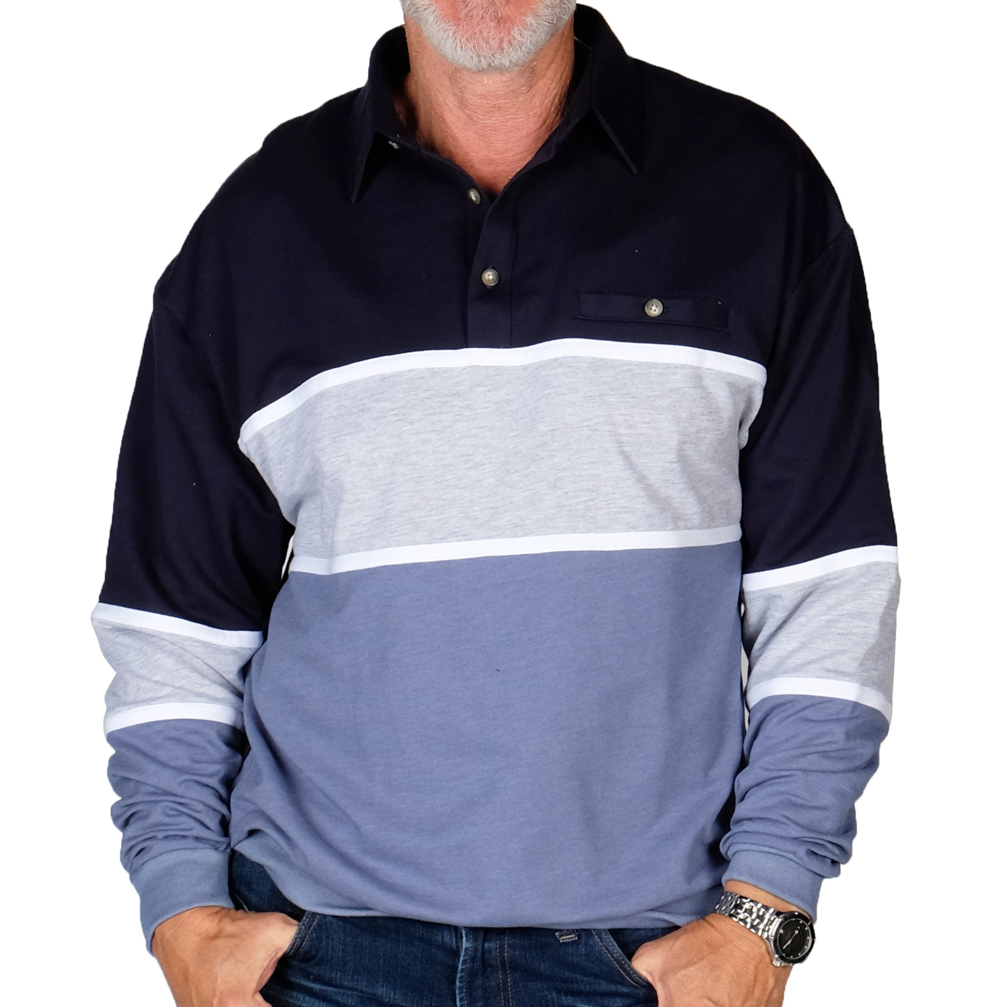 Classics by Palmland Horizontal Stripes Banded Bottom Shirt 6094-728 Navy - Big and Tall - theflagshirt