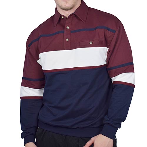 Classics by Palmland Horizontal Stripes Long Sleeve Banded Bottom Shirt 6094-736 Burgundy - theflagshirt