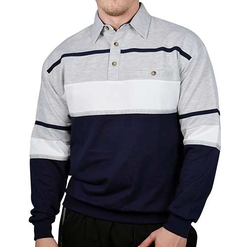 Classics by Palmland Horizontal Stripes Long Sleeve Banded Bottom Shirt Big and Tall 6094-736 Grey - bandedbottom