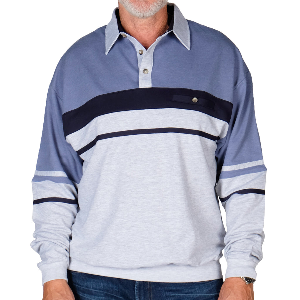Classics By Palmland Horizontal Stripes Banded Bottom Shirt 6094-739 Grey HT - Big and Tall - theflagshirt