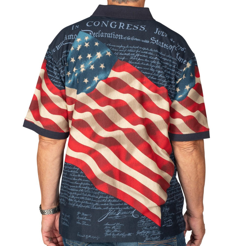 Men's Patriotic Waving American Flag 100% Cotton Polo Shirt