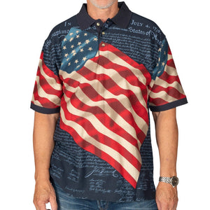 Men's Patriotic Waving American Flag 100% Cotton Polo Shirt